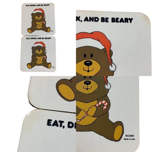 Vintage Christmas Coasters Bears Set Of 6 Winter Holiday  Decor - Picture 9 of 11